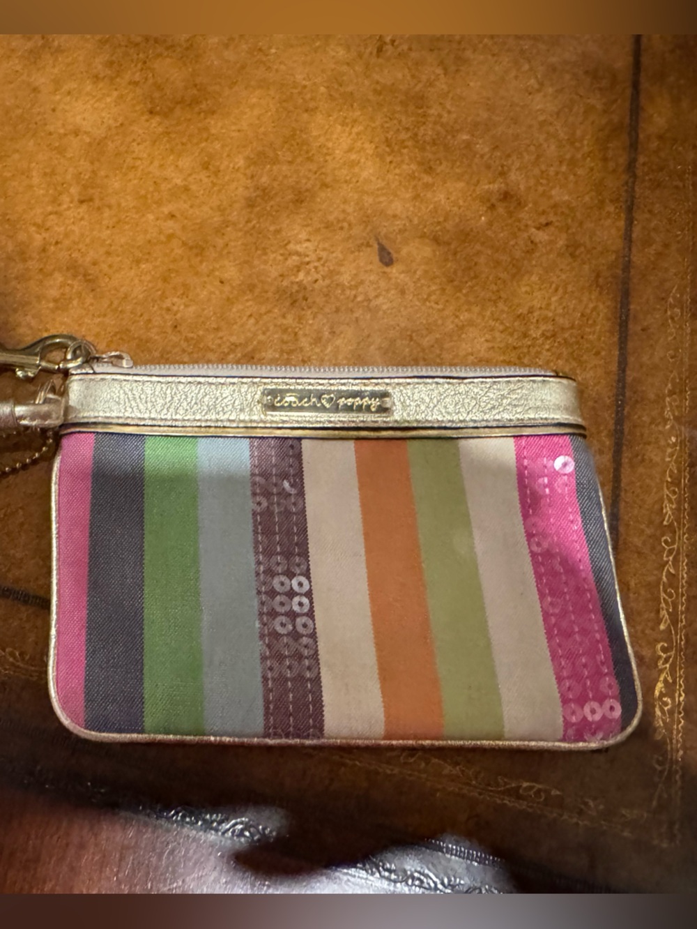 Coach  Poppy Multicolor Striped Canvas Wallet with Metallic Trim